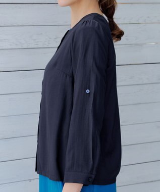 Tiaclasse L 【洗える】ノーカラーシアーシャツ ネイビー