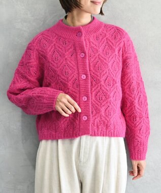 muuc 〈うっとり柔らか上質な極細繊維〉〈キッドモヘア×ウール×アルパカ×シルク〉リーフ模様編み カーディガン ピンク