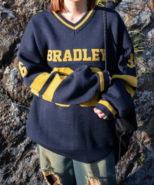 WEGO ナンバリングジャガードVネックニット ネイビー