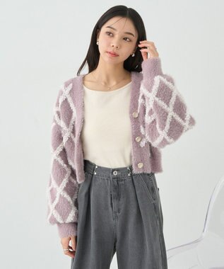 earth music&ecology シャギーダイヤ柄ショートニットカーディガン Pink