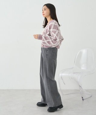 earth music&ecology シャギーダイヤ柄ショートニットカーディガン Pink