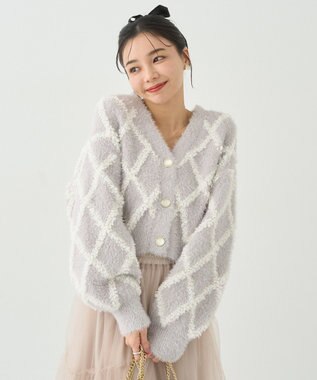 earth music&ecology シャギーダイヤ柄ショートニットカーディガン Light Gray