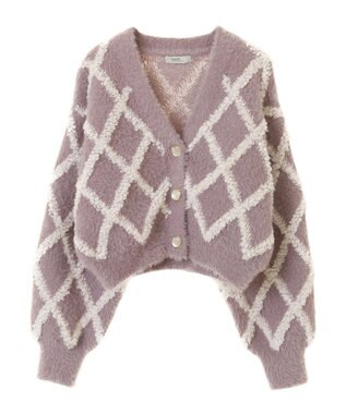 earth music&ecology シャギーダイヤ柄ショートニットカーディガン Pink