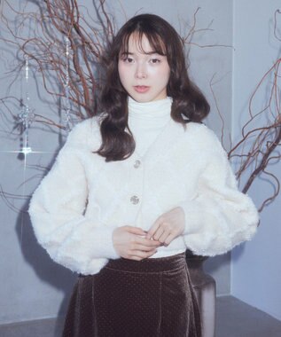 earth music&ecology シャギーダイヤ柄ショートニットカーディガン Light Beige