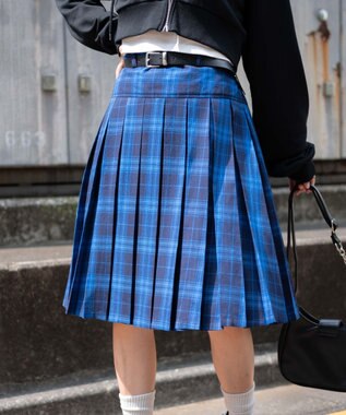 WEGO ベルト付プリーツミドルスカート ブルーチェック1