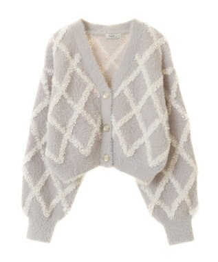 earth music&ecology シャギーダイヤ柄ショートニットカーディガン Light Gray