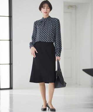 23区 L モダンアートプリントギャザーブラウス ネイビー系