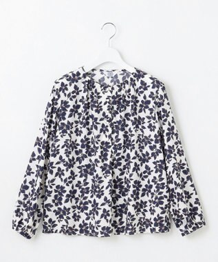 J.PRESS LADIES 【洗える】スパンフラワープリント  ボートネック ブラウス オフ×ネイビー系