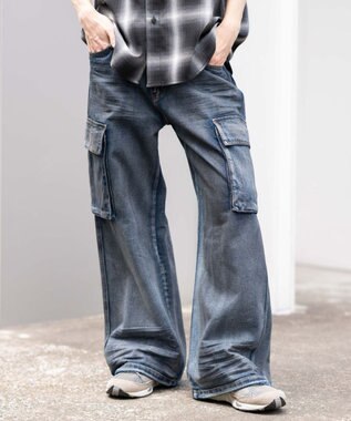 WEGO ローライズバギーフレアデニムカーゴパンツ デニム淡加工色