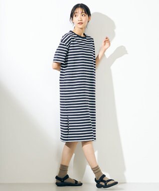 SHARE PARK LADIES 【UVカット】ボーダーロゴ半袖カットワンピース ホワイト系1