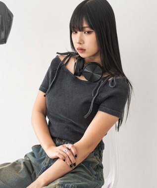 WEGO ヴィンテージウォッシュオフショルちびT スミクロ