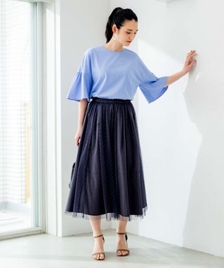 組曲 【汗ジミ防止・撥水】GIZAプレーティング天竺 袖フレア Tシャツ スカイブルー系