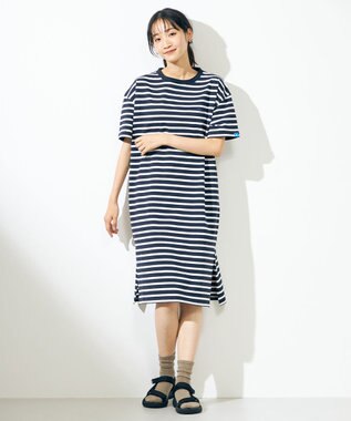 SHARE PARK LADIES 【UVカット】ボーダーロゴ半袖カットワンピース ホワイト系1