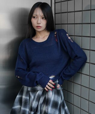 WEGO モヘアタッチダメージショートニット