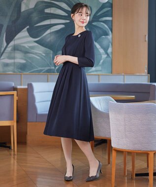 Tiaclasse 【おのののかさん着用】半袖&長袖選べる袖丈・タックフレアワンピース 長袖ネイビー