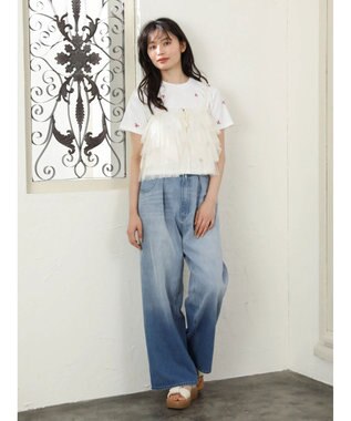 Green Parks ・Ｄｏｕｂｌｅ　Ｆｌａｇｓ　リボン刺繍ＴＥＥ Off White