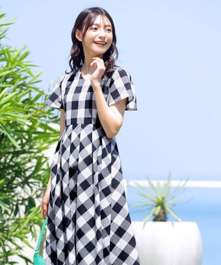 Tiaclasse 【袖が選べる・洗える】大柄ギンガムチェックワンピース 半袖：ネイビー
