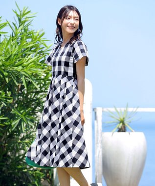 Tiaclasse 【袖が選べる・洗える】大柄ギンガムチェックワンピース 半袖：ネイビー