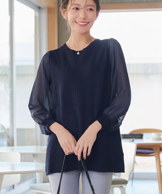 Tiaclasse シアーチェック柄ニットチュニック ネイビー