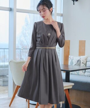 Tiaclasse 【おのののかさん着用】半袖&長袖選べる袖丈・タックフレアワンピース 長袖チャコールグレー