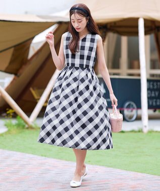 Tiaclasse 【袖が選べる・洗える】大柄ギンガムチェックワンピース ノースリーブ：ネイビー