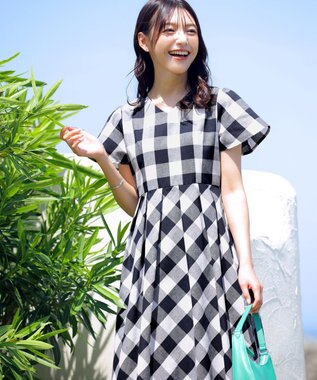 Tiaclasse 【袖が選べる・洗える】大柄ギンガムチェックワンピース 半袖：ネイビー