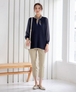 Tiaclasse シアーチェック柄ニットチュニック ネイビー