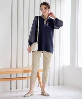 Tiaclasse シアーチェック柄ニットチュニック ネイビー