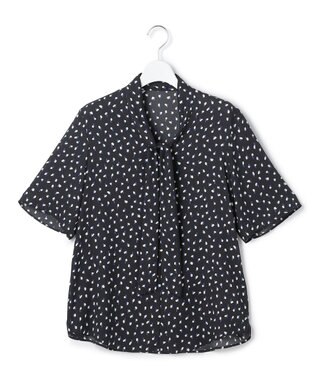ICB L 【新色追加】BackSatinAmunzen 5分袖配色ボウタイブラウス ブラック×モチーフドット柄