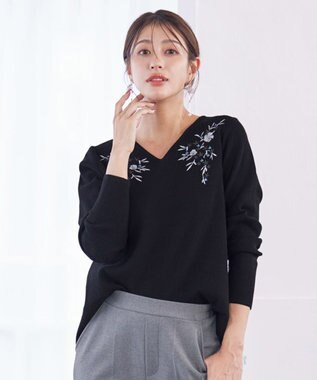Tiaclasse 【洗える】刺繍リブニットトップス ブラック