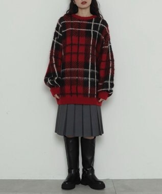 WEGO 【2025年秋冬新作】シャギーパターンニットBIGプルオーバー レッドチェック1