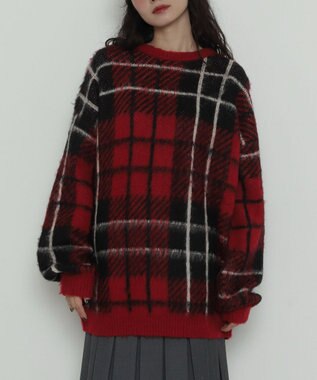 WEGO 【2025年秋冬新作】シャギーパターンニットBIGプルオーバー レッドチェック1