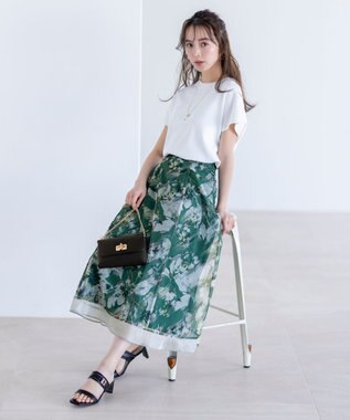 ANY SIS L 【WEB・一部店舗限定】ハッチングフラワープリント スカート グリーン系