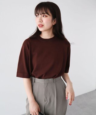 Green Parks 袖裏配色５分袖ニットプルオーバー Brown