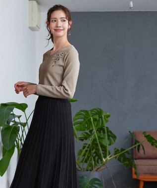 Tiaclasse 【洗える】刺繍リブニットトップス ベージュ