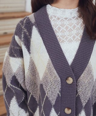 earth music&ecology ループ編みアーガイルカーディガン Gray