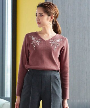 Tiaclasse 【洗える】刺繍リブニットトップス ピンク