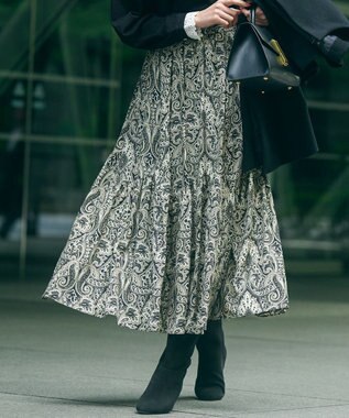 【杏さん着用/洗える】フレンチペイズリーデシン ティアードスカート, ブラックプリント, 44