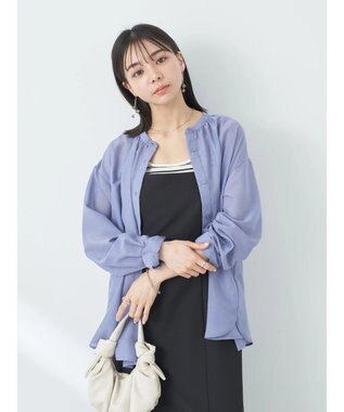 earth music&ecology シアーギャザーネックブラウス Deep Blue