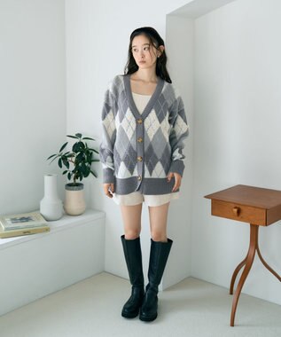 earth music&ecology ループ編みアーガイルカーディガン Gray