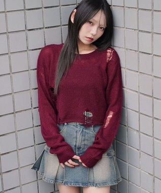 WEGO モヘアタッチダメージショートニット