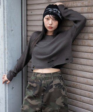 WEGO モヘアタッチダメージショートニット ブラック中濃色