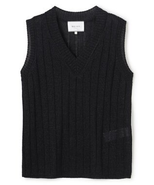 BEIGE， OPTICAL /  ペーパーヤーン Vネックリブニット Black