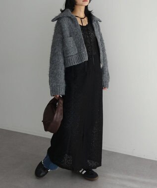 Green Parks フロントジップビックカラーニットブルゾン Gray