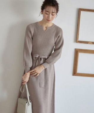 Tiaclasse 【洗える】パフ袖ニットワンピース モカ