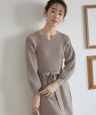 Tiaclasse 【洗える】パフ袖ニットワンピース モカ