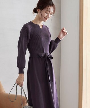 Tiaclasse 【洗える】パフ袖ニットワンピース パープル