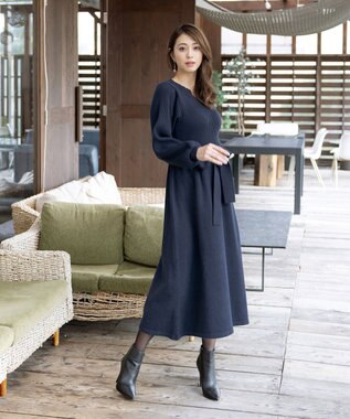 Tiaclasse 【洗える】パフ袖ニットワンピース ネイビー