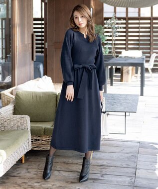 Tiaclasse 【洗える】パフ袖ニットワンピース ネイビー