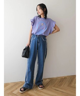 Green Parks ・ＤｏｕｂｌｅＦｌａｇｓ　フリルショルダープリントＴＥＥ Purple